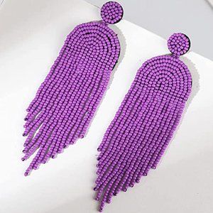 Long Lavender 4.5" Art Deco Oversized Earrings New Beaded Bohemian Tassel Fringe